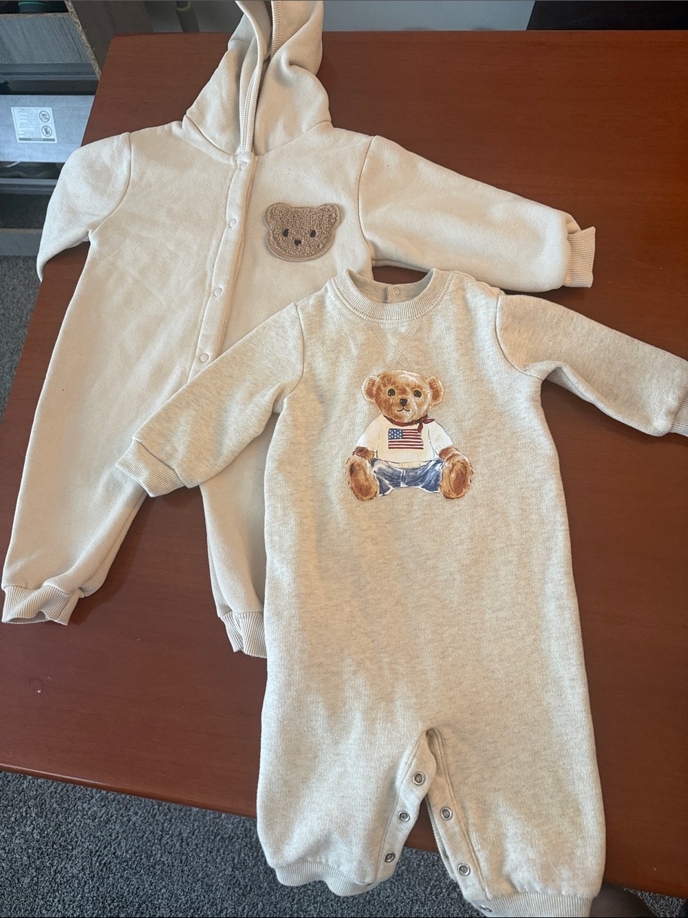 Ralph Lauren (0-6months), & CreamTeddy Bear (0-12mnths) Onesies (2-Pack Look